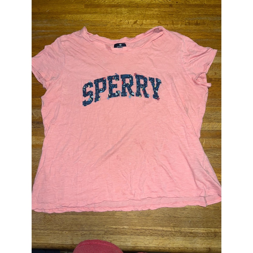Sperry Women 1X Pink Navy Floral Tropical Graphic Logo Crew Neck Casual‎ T-Shirt